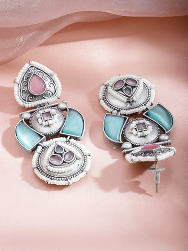 Rubans Rhodium-Plated Oxidized Pastel Pink and Green Stones & Pearl Beaded Drop Earrings Earrings