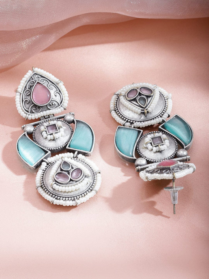Rubans Rhodium-Plated Oxidized Pastel Pink and Green Stones & Pearl Beaded Drop Earrings Earrings