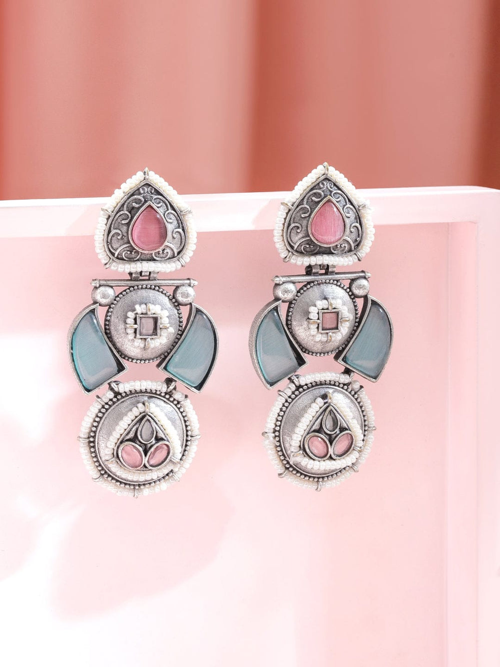 Rubans Rhodium-Plated Oxidized Pastel Pink and Green Stones & Pearl Beaded Drop Earrings Earrings