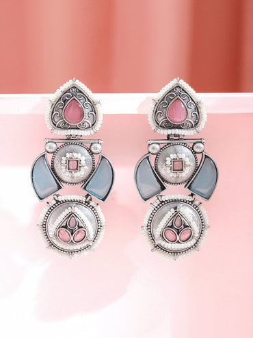 Rubans Rhodium-Plated Oxidized Pastel Pink and Green Stones & Pearl Beaded Drop Earrings Earrings