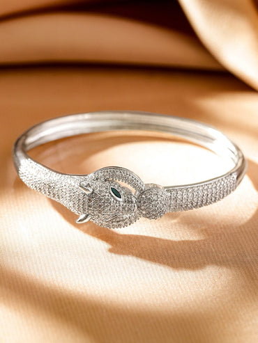 Rubans Rhodium-Plated Panther Design Bracelet with Emerald & Cubic Zirconia Accents Wristwear
