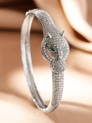 Rubans Rhodium-Plated Panther Design Bracelet with Emerald & Cubic Zirconia Accents Wristwear