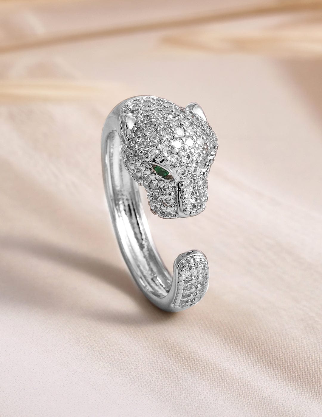 Rubans Rhodium Plated Panther Design Emerald & CubicZirconia Studed Adjustable Finger Ring Rings