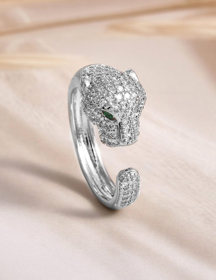 Rubans Rhodium Plated Panther Design Emerald & CubicZirconia Studed Adjustable Finger Ring Rings