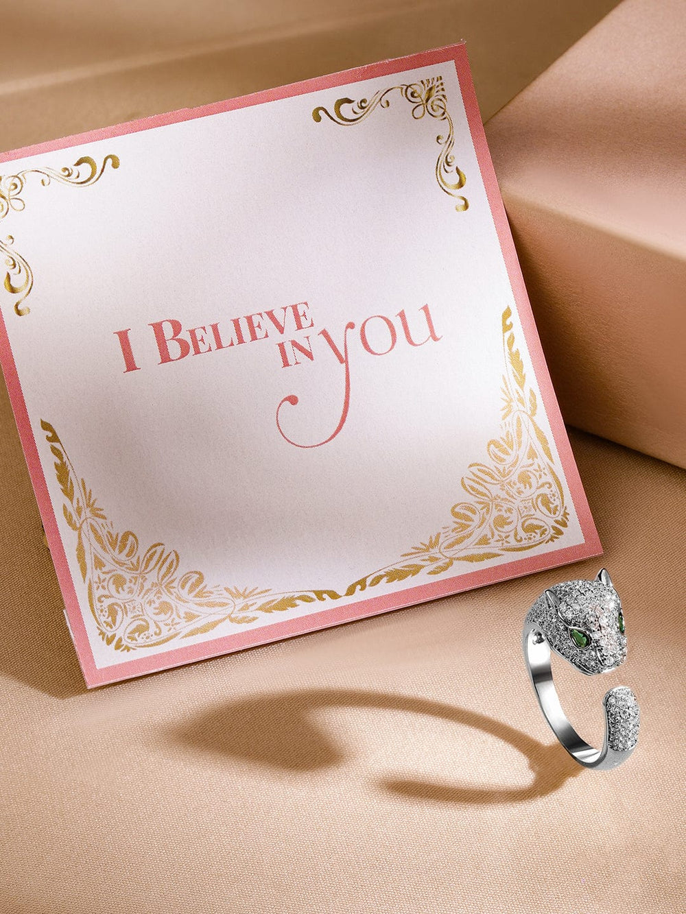 Rubans Rhodium Plated Panther Ring | Emerald & Cubic Zirconia Studded Statement Jewelry Rings