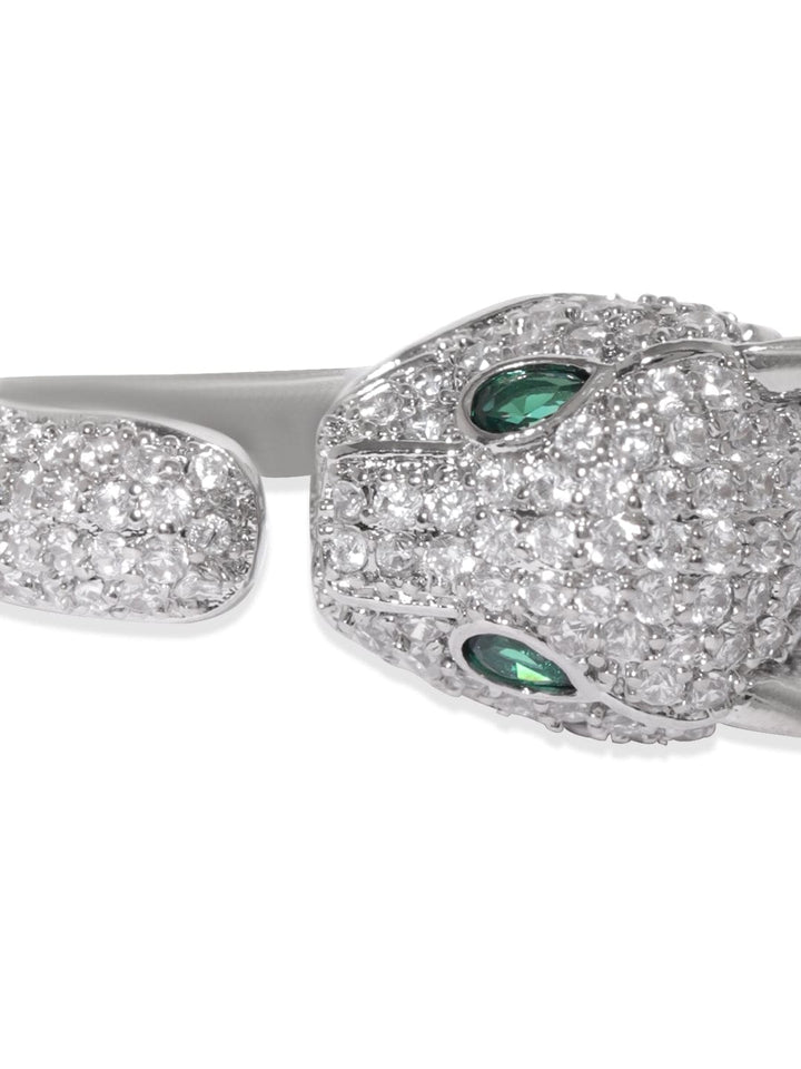 Rubans Rhodium Plated Panther Ring | Emerald & Cubic Zirconia Studded Statement Jewelry Rings