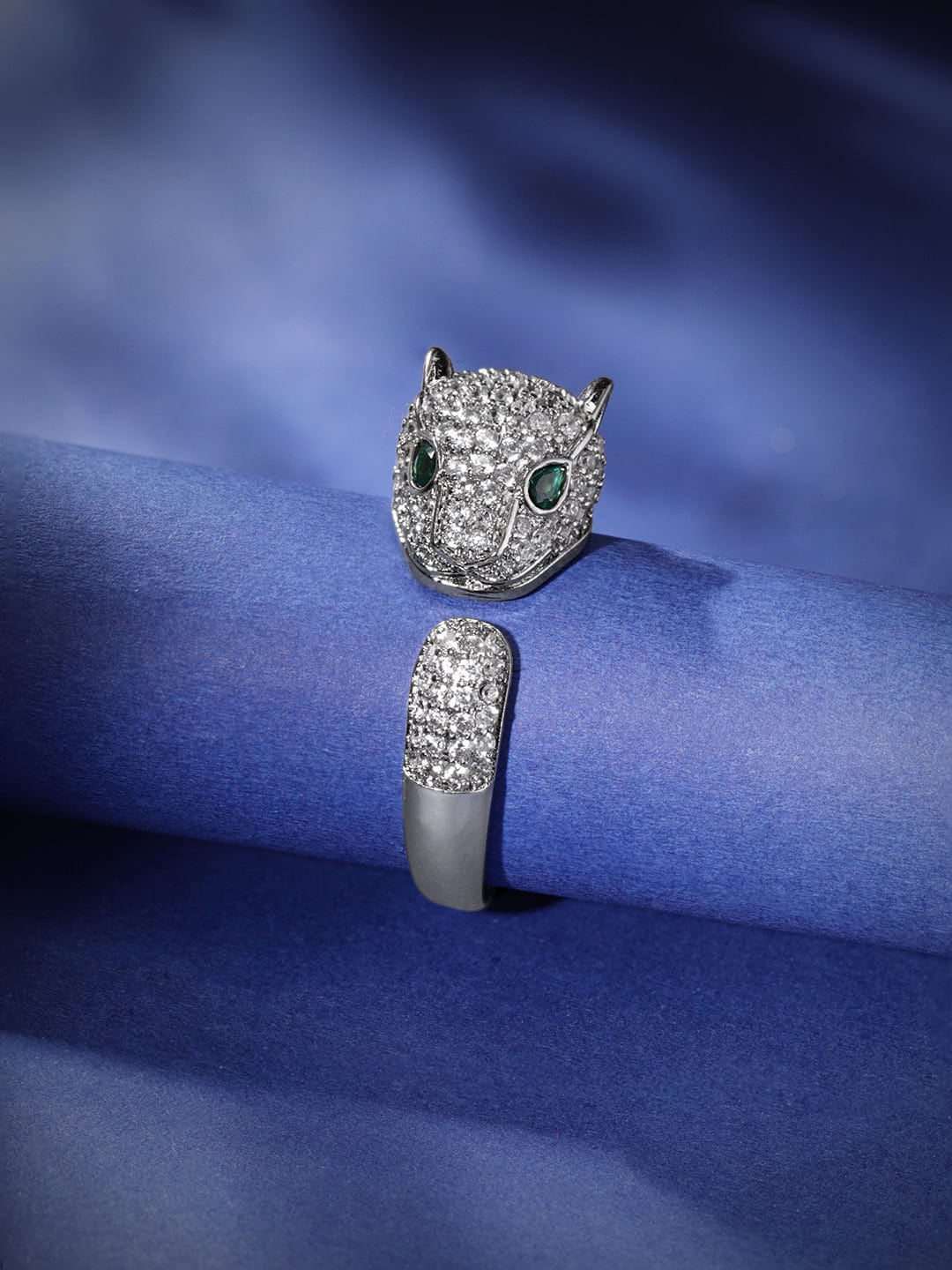 Rubans Rhodium Plated Panther Ring | Emerald & Cubic Zirconia Studded Statement Jewelry Rings