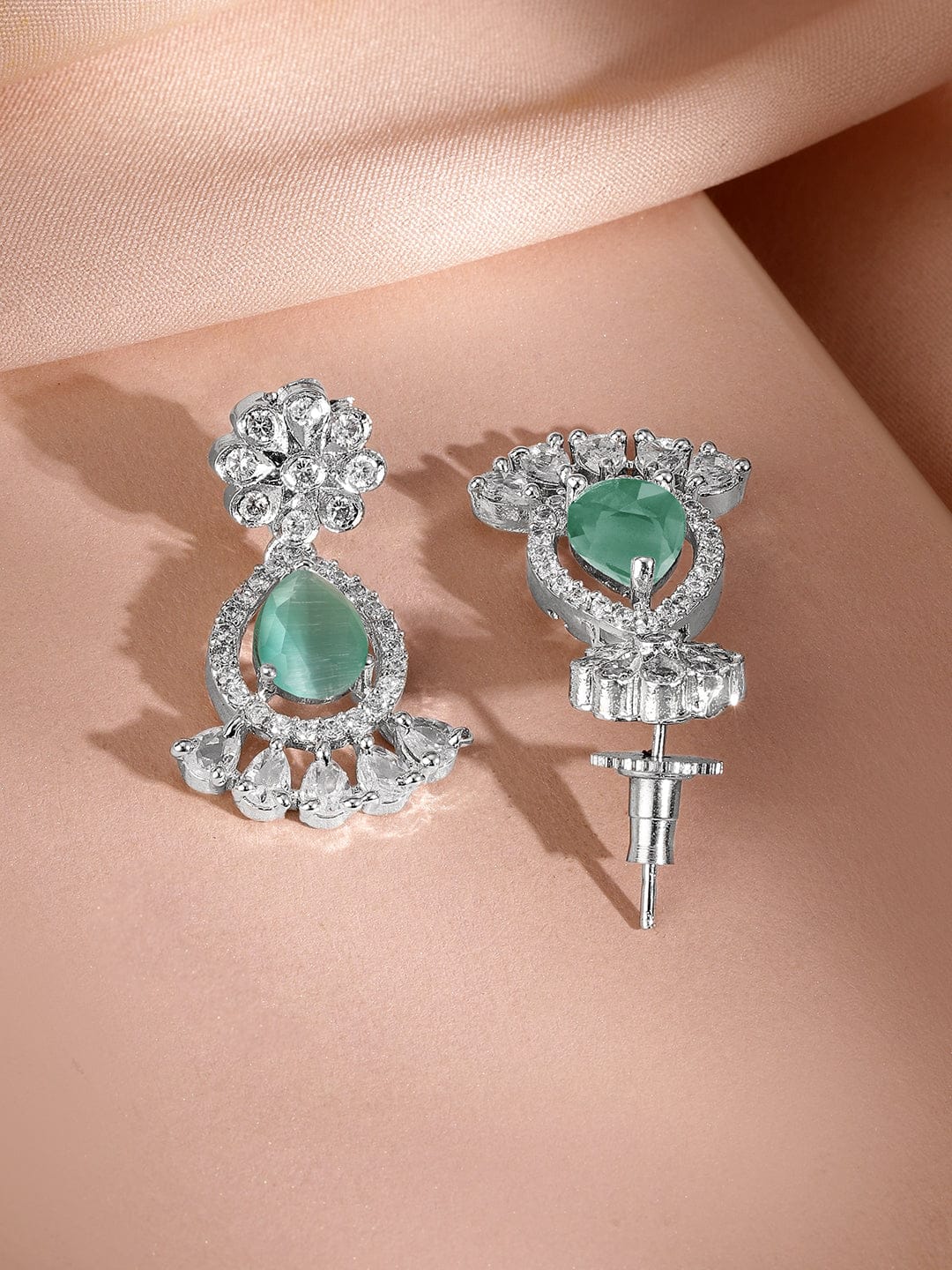 Rubans Rhodium-Plated Pastel Green AD & Cubic Zirconia Studded Necklace Set Jewellery Set