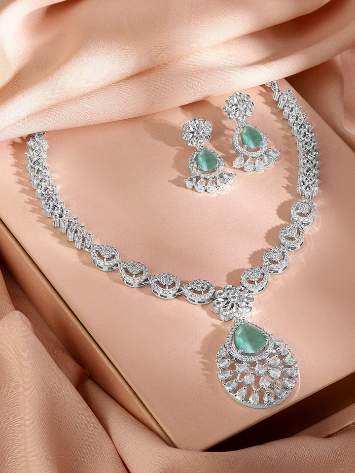 Rubans Rhodium-Plated Pastel Green AD & Cubic Zirconia Studded Necklace Set Jewellery Set