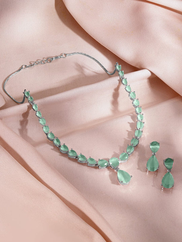 Rubans Rhodium-Plated Pastel Green AD & Cubic Zirconia Studded Necklace Set Jewellery Set