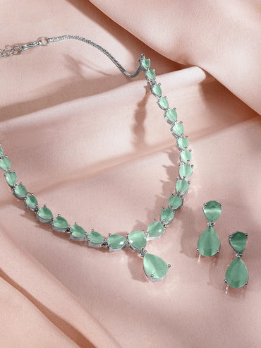 Rubans Rhodium-Plated Pastel Green AD & Cubic Zirconia Studded Necklace Set Jewellery Set