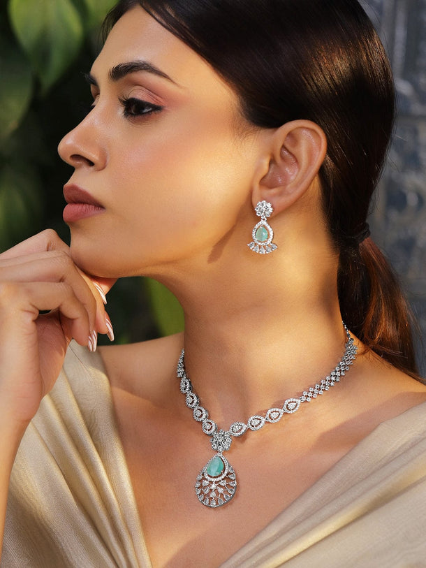 Rubans Rhodium-Plated Pastel Green AD & Cubic Zirconia Studded Necklace Set Necklace Set