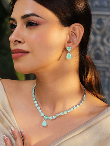 Rubans Rhodium-Plated Pastel Green AD & Cubic Zirconia Studded Necklace Set Necklace Set
