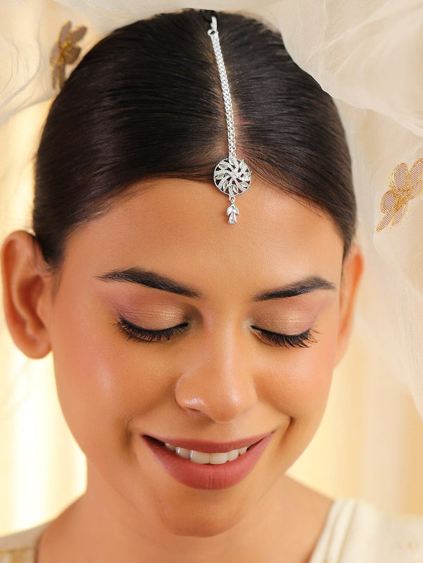 Rubans Rhodium-Plated Pastel Green and White Cubic Zirconia Maang Tikka Head Jewellery