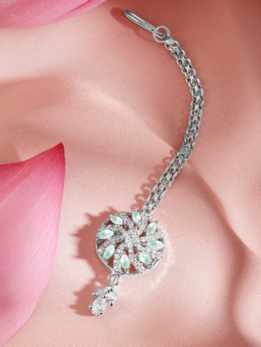 Rubans Rhodium-Plated Pastel Green and White Cubic Zirconia Maang Tikka Head Jewellery