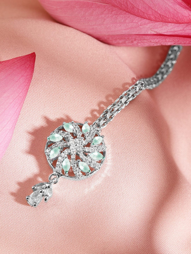 Rubans Rhodium-Plated Pastel Green and White Cubic Zirconia Maang Tikka Head Jewellery