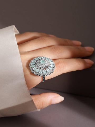 Rubans Rhodium-Plated Pastel Green & White Cubic Zirconia Studded Floral Adjustable Ring Finger Rings