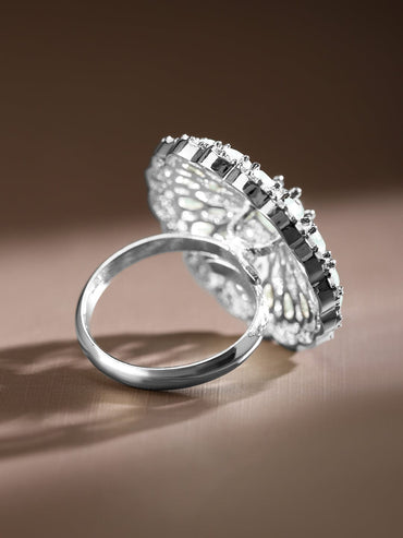 Rubans Rhodium-Plated Pastel Green & White Cubic Zirconia Studded Floral Adjustable Ring Rings