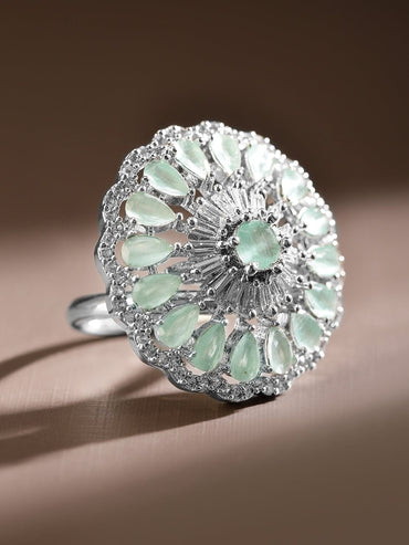 Rubans Rhodium-Plated Pastel Green & White Cubic Zirconia Studded Floral Adjustable Ring Rings