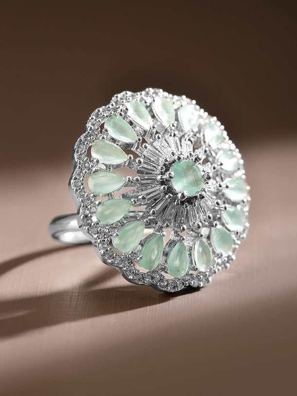 Rubans Rhodium-Plated Pastel Green & White Cubic Zirconia Studded Floral Adjustable Ring Rings
