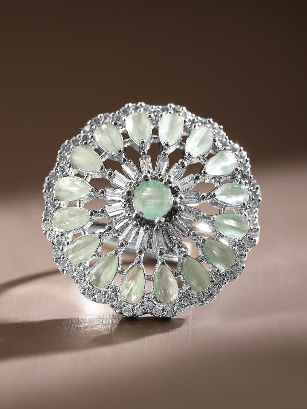 Rubans Rhodium-Plated Pastel Green & White Cubic Zirconia Studded Floral Adjustable Ring Rings