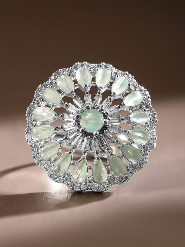 Rubans Rhodium-Plated Pastel Green & White Cubic Zirconia Studded Floral Adjustable Ring Rings