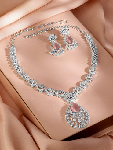 Rubans Rhodium-Plated Pastel Pink AD & Cubic Zirconia Studded Necklace Set Jewellery Set