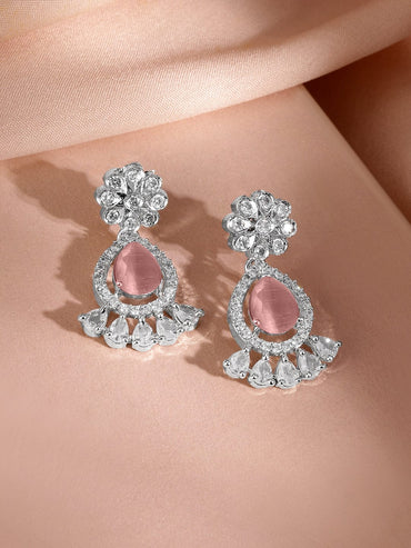 Rubans Rhodium-Plated Pastel Pink AD & Cubic Zirconia Studded Necklace Set Jewellery Set