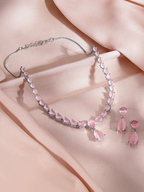Rubans Rhodium-Plated Pastel Pink AD & Cubic Zirconia Studded Necklace Set Jewellery Set