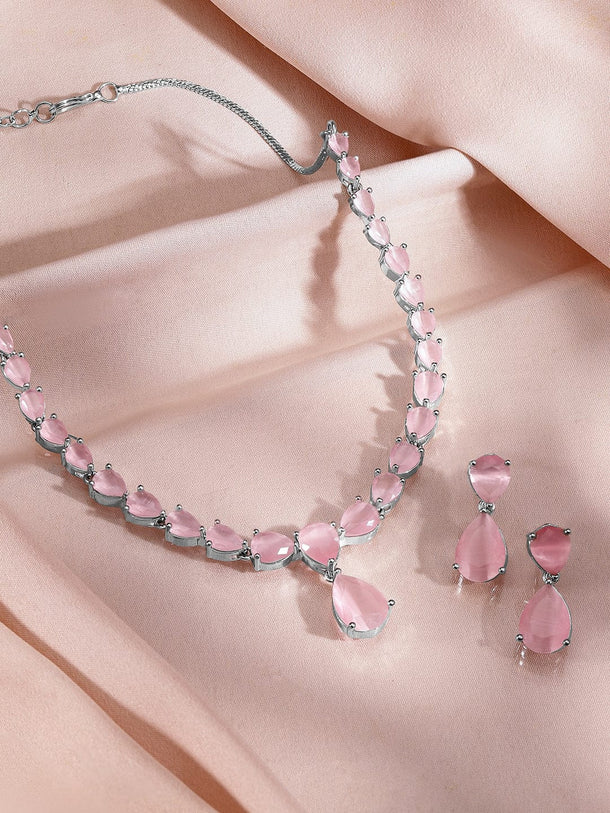 Rubans Rhodium-Plated Pastel Pink AD & Cubic Zirconia Studded Necklace Set Jewellery Set