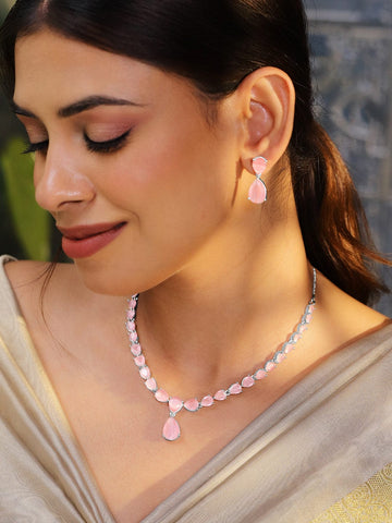 Rubans Rhodium-Plated Pastel Pink AD & Cubic Zirconia Studded Necklace Set Necklace Set