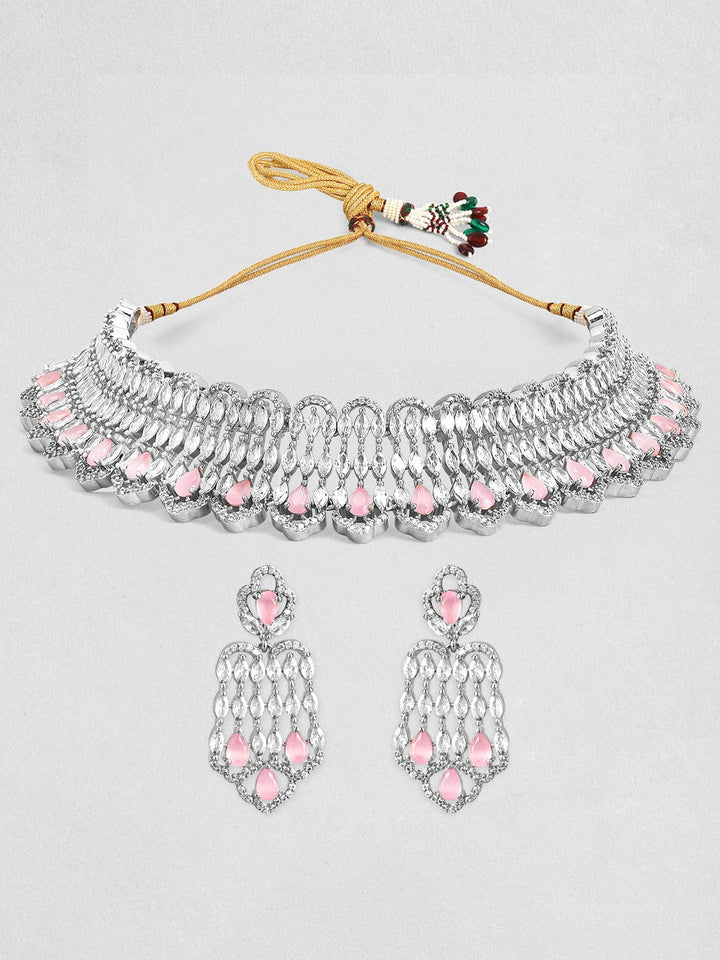 Rubans Rhodium-Plated Pastel Pink AD Stone & Cubic Zirconia Studded Choker Necklace Set Necklace Set