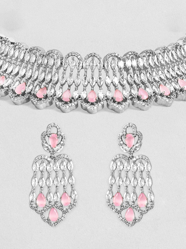 Rubans Rhodium-Plated Pastel Pink AD Stone & Cubic Zirconia Studded Choker Necklace Set Necklace Set