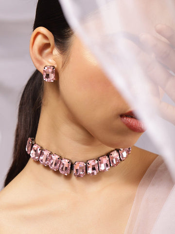 Rubans Rhodium-Plated Pastel Pink Crystal Cubic Zirconia Studded Statement Choker Set Necklace Set