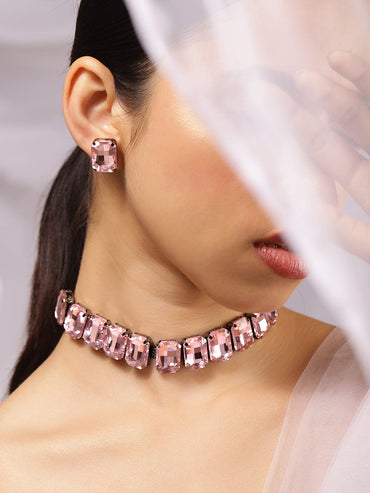 Rubans Rhodium-Plated Pastel Pink Crystal Cubic Zirconia Studded Statement Choker Set Necklace Set