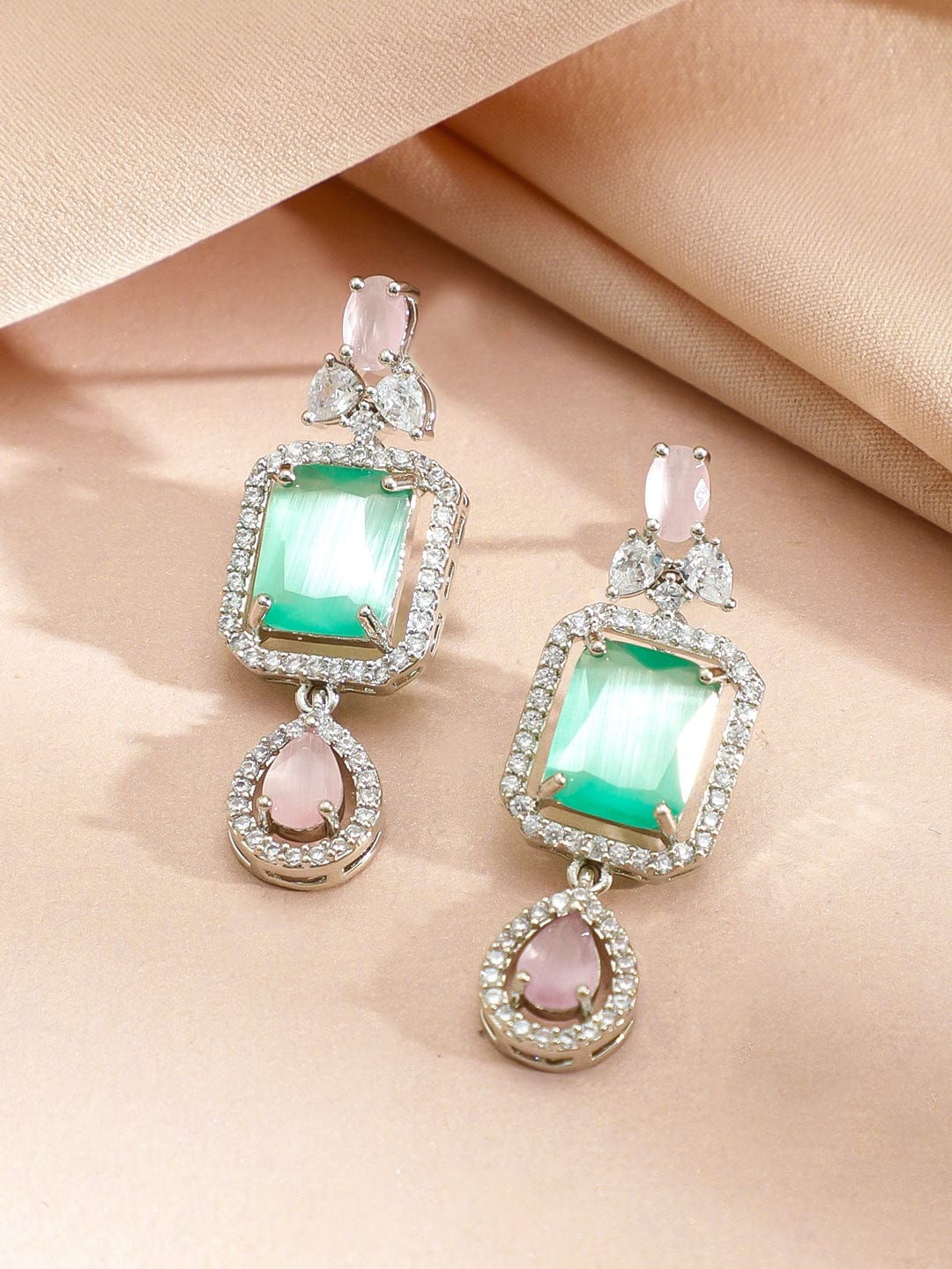 Rubans Rhodium-Plated Pastel Pink & Green Stone Cubic Zirconia Double Layered Statement Necklace Set Jewellery Set