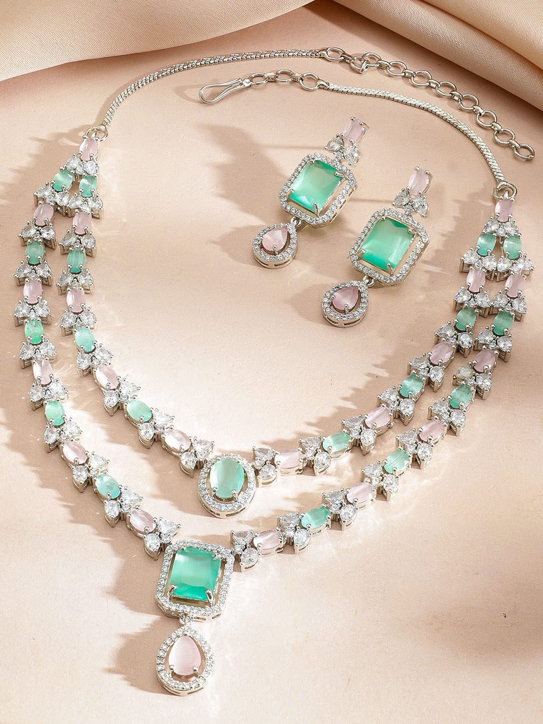 Rubans Rhodium-Plated Pastel Pink & Green Stone Cubic Zirconia Double Layered Statement Necklace Set Jewellery Set