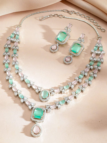 Rubans Rhodium-Plated Pastel Pink & Green Stone Cubic Zirconia Double Layered Statement Necklace Set Jewellery Set