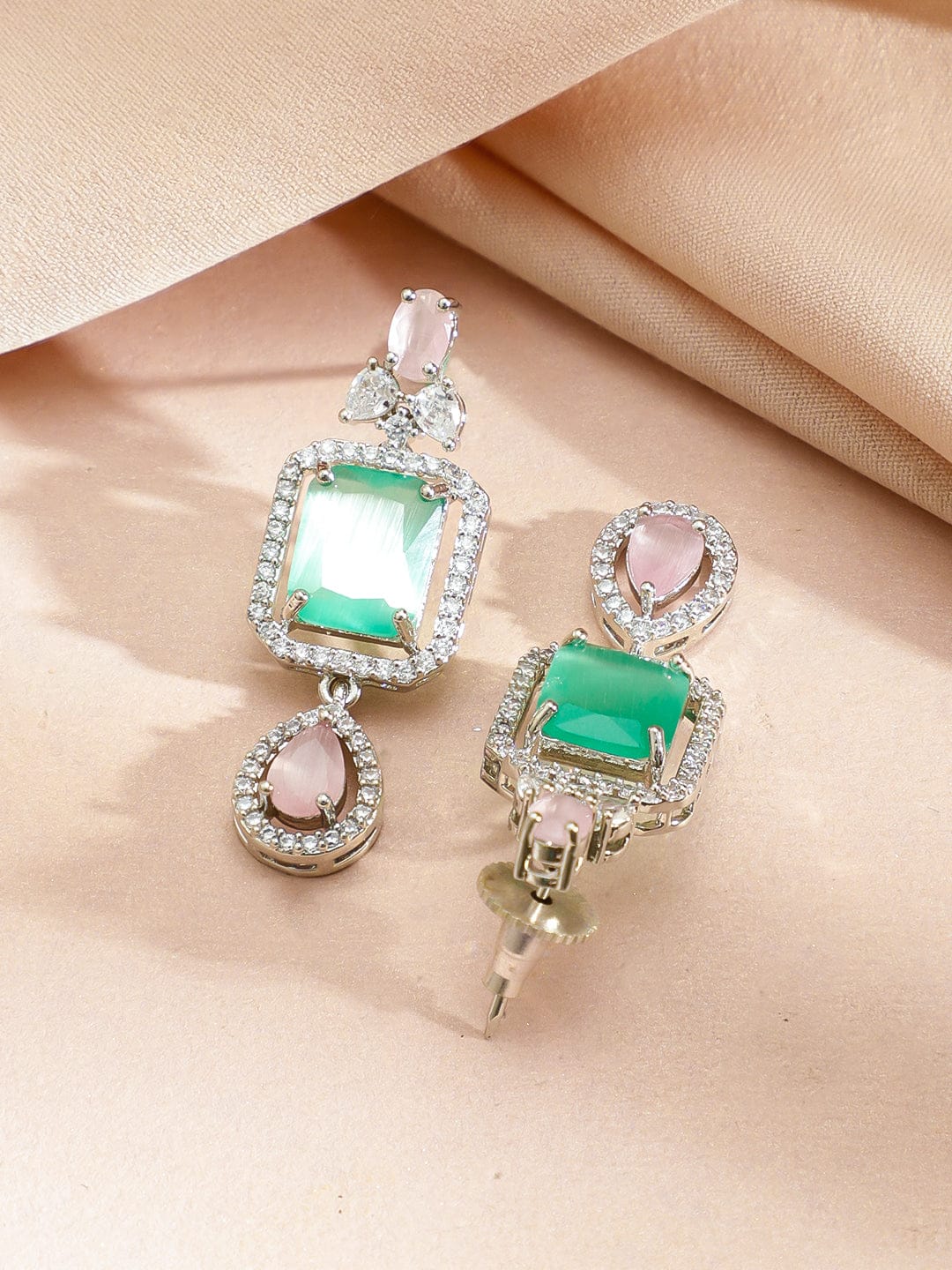 Rubans Rhodium-Plated Pastel Pink & Green Stone Cubic Zirconia Double Layered Statement Necklace Set Jewellery Set