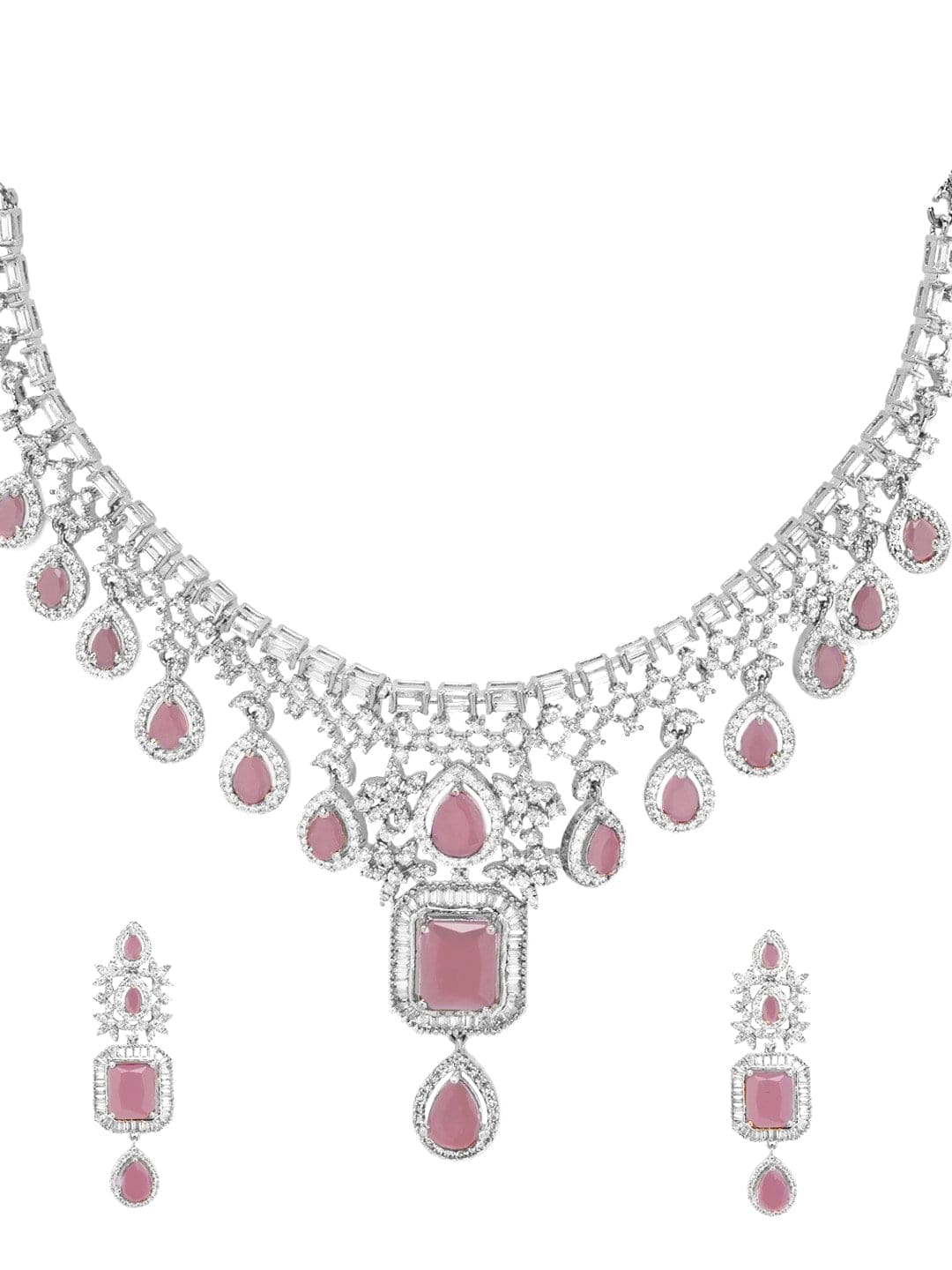 Rubans Rhodium-Plated Pastel Pink Stone & White Cubic Zirconia Handcrafted Premium Jewellery Set Necklace Set