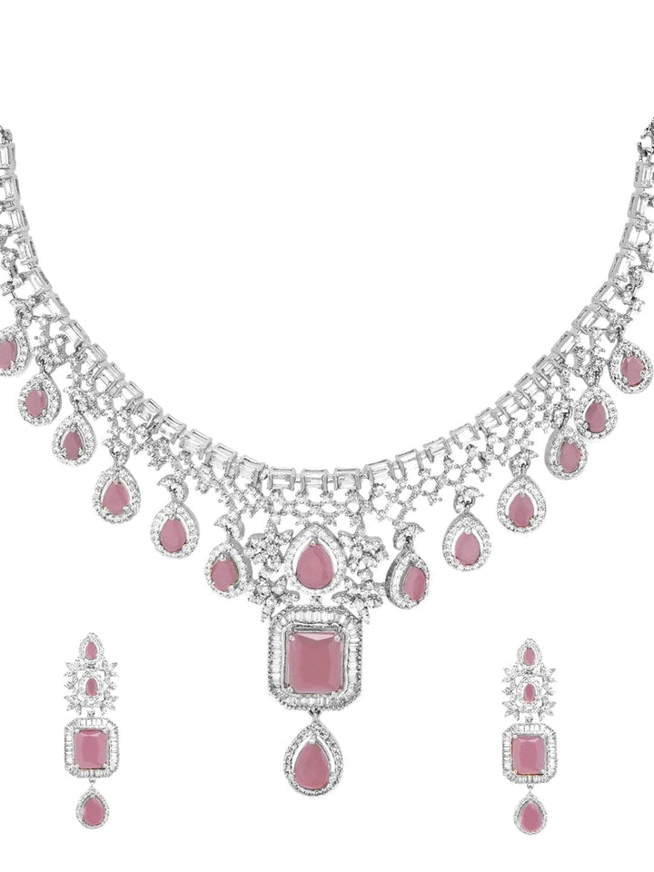 Rubans Rhodium-Plated Pastel Pink Stone & White Cubic Zirconia Handcrafted Premium Jewellery Set Necklace Set