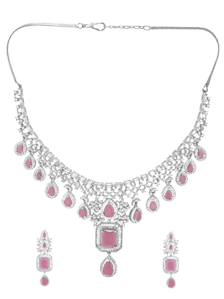 Rubans Rhodium-Plated Pastel Pink Stone & White Cubic Zirconia Handcrafted Premium Jewellery Set Necklace Set