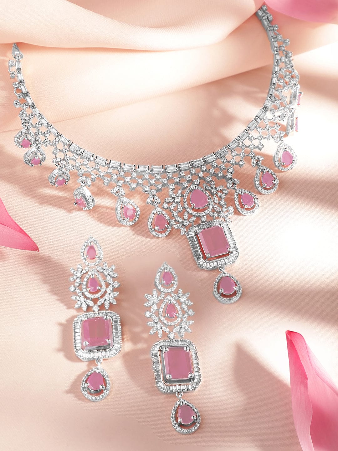 Rubans Rhodium-Plated Pastel Pink Stone & White Cubic Zirconia Handcrafted Premium Jewellery Set Necklace Set