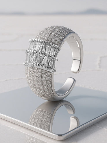 Rubans Rhodium Plated Pave & Baguette Cubic Zirconia Studded Adjustable Finger Ring Finger Ring