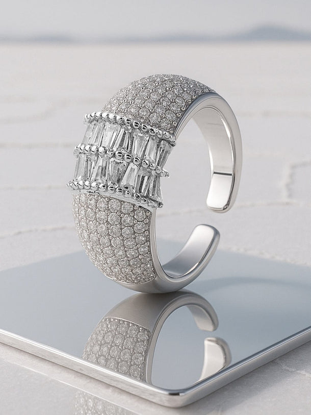 Rubans Rhodium Plated Pave & Baguette Cubic Zirconia Studded Adjustable Finger Ring Finger Ring