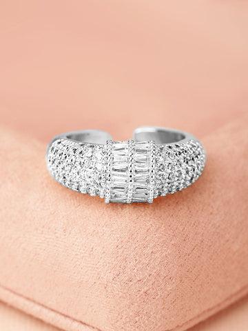 Rubans Rhodium Plated Pave & Baguette Cubic Zirconia Studded Adjustable Finger Ring Rings