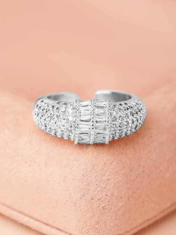 Rubans Rhodium Plated Pave & Baguette Cubic Zirconia Studded Adjustable Finger Ring Rings