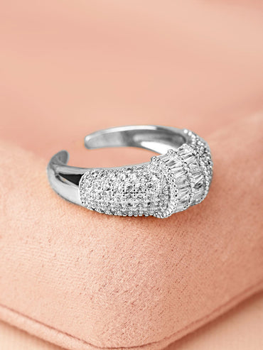 Rubans Rhodium Plated Pave & Baguette Cubic Zirconia Studded Adjustable Finger Ring Rings