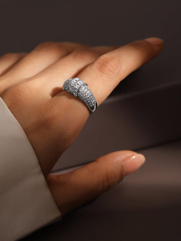 Rubans Rhodium Plated Pave & Baguette Cubic Zirconia Studded Adjustable Finger Ring Rings
