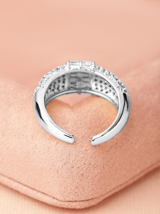 Rubans Rhodium Plated Pave & Baguette Cubic Zirconia Studded Adjustable Finger Ring Rings